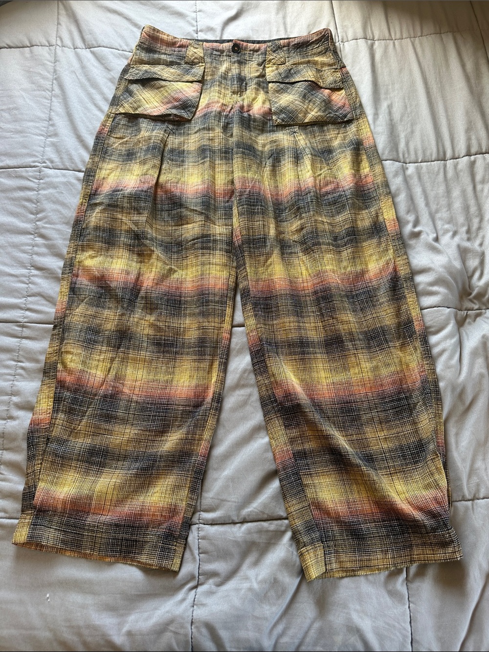 Free People Plaid Combo Wide-Leg Utility Trousers.